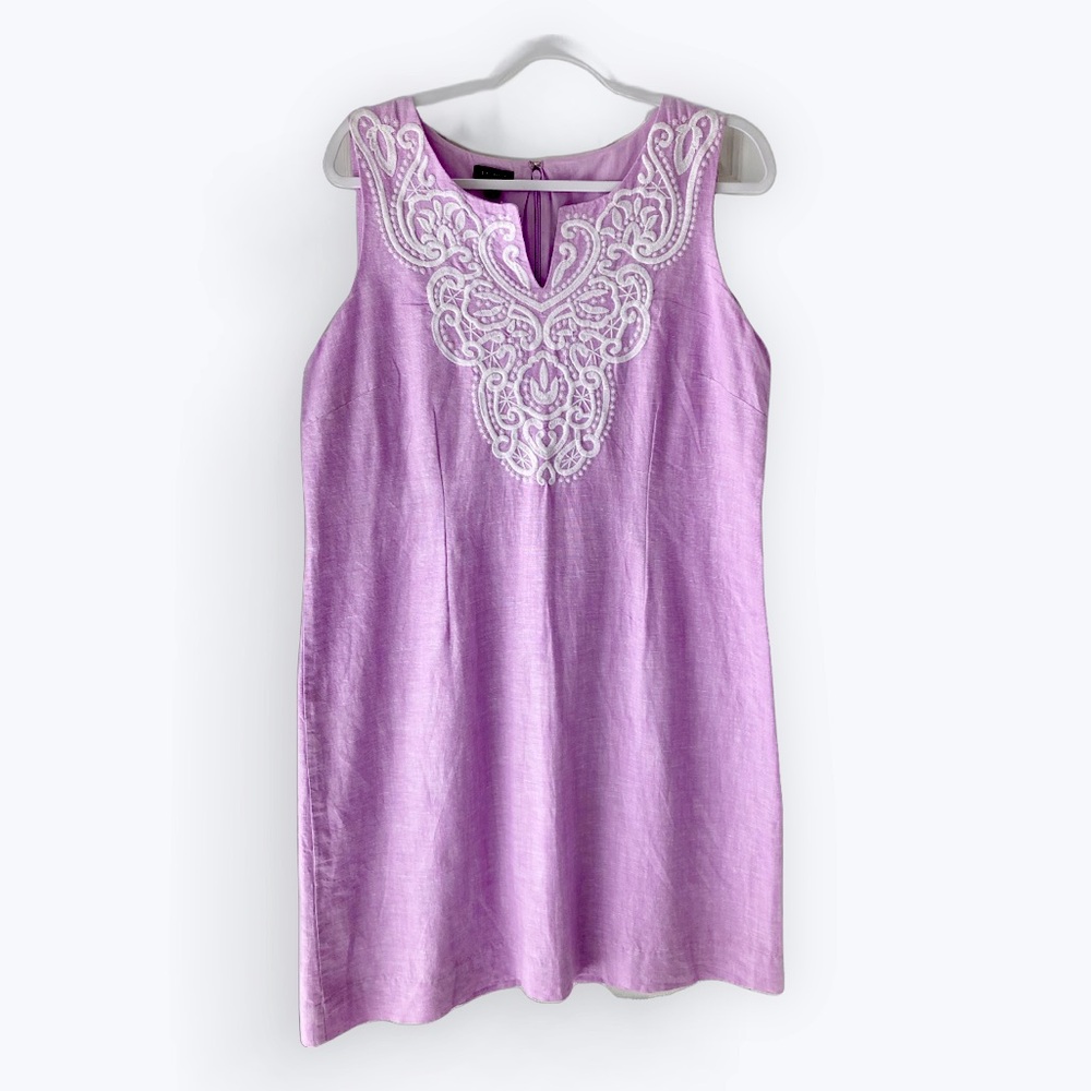 Talbots Linen Blend Dress Shift Embroidered Lavender 12